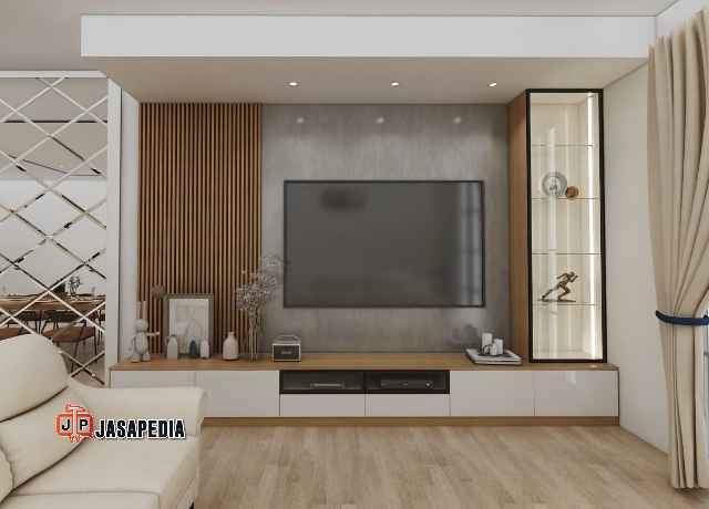 Anti Berantakan! Custom lemari tv ruang tamu minimalis Jakarta banyak storage