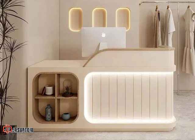 Pesan Custom Meja Kasir Toko Bogor Gratis Desain 3D Cepat Jadi