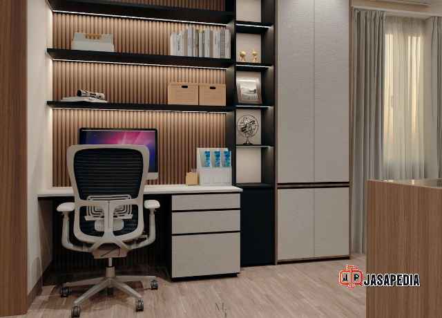 Meja komputer custom Jakarta plus rak buku dinding hemat tempat