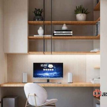 Meja komputer custom Jakarta plus rak buku dinding hemat tempat