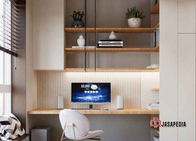 Meja komputer custom Jakarta plus rak buku dinding hemat tempat