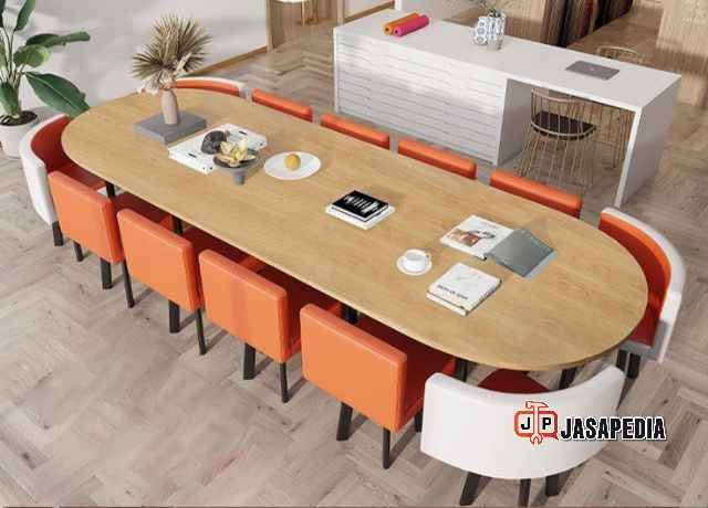 Pesan Custom meja rapat Jakarta oval 8 orang finishing HPL