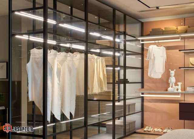 Jasa lemari pakaian besi Cikarang pintu sliding kaca full