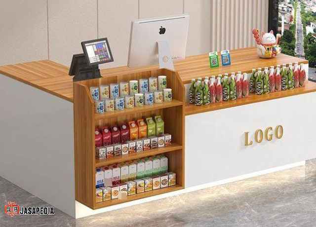 Jasa pembuatan display toko Bekasi meja kasir custom, bikin toko auto keren