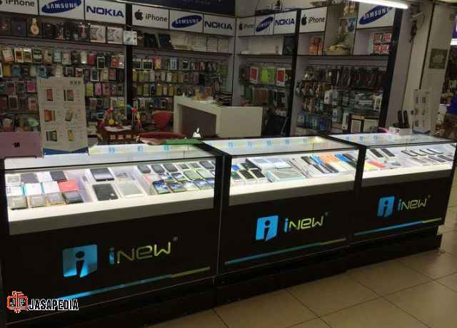 Jasa pembuatan display toko Cikarang etalase konter pulsa, model minimalis laris