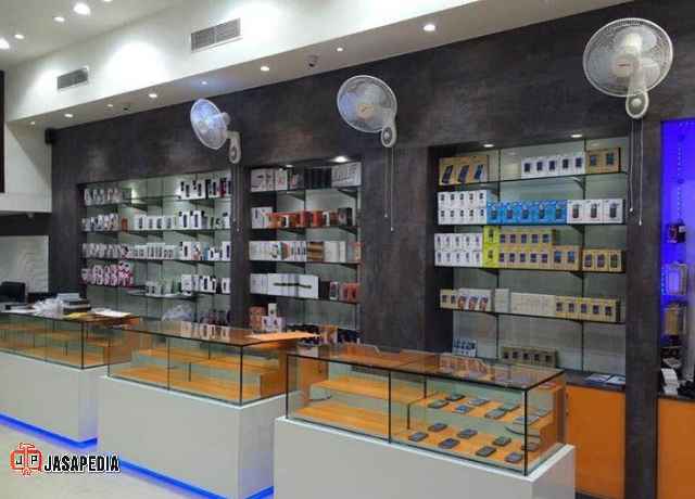 Jasa pembuatan display toko Cikarang etalase konter pulsa, model minimalis laris