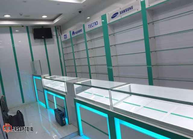 Jasa pembuatan display toko Depok showcase HP, model 2026 anti maling