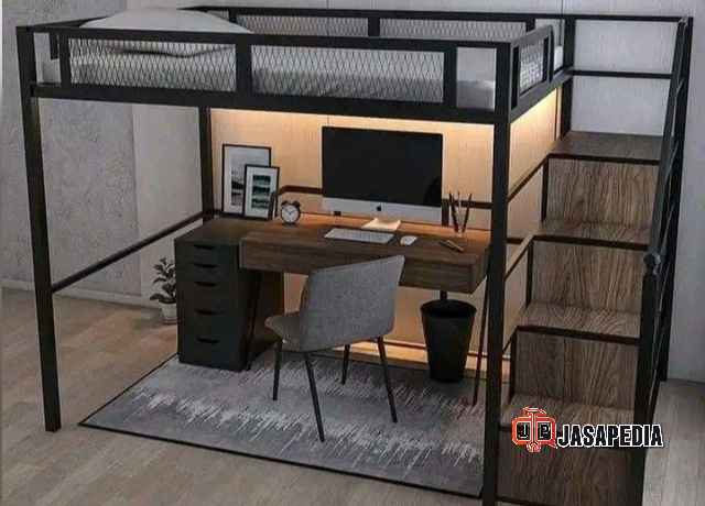 Custom ranjang tingkat besi modern dengan meja belajar area Bekasi & Jakarta