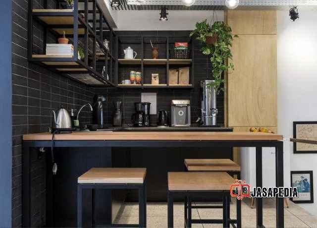 Jasa kitchen set industrial Depok bahan besi kombinasi kayu